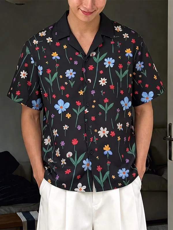 Men's Vintage Holiday Floral Print Camp Collar Short Sleeve Shirt SKUL73591 made by Incerunmen