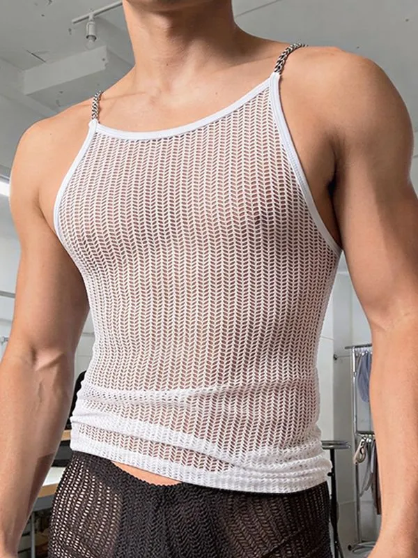 Men's Clubwear Metal Chain Strap Sheer Mesh Zigzag Knit Square Neck Slim Fit Tank SKUL68396 made by Incerunmen