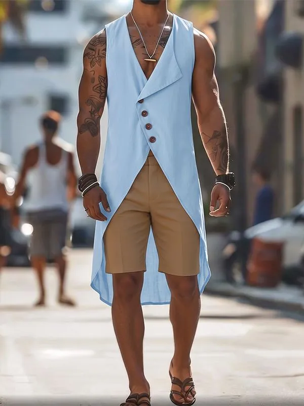 Men's Bohemian Linen Texture Asymmetrical High-Low Hem Tank SKUL75707 sold by Incerunmen product image thumbnail 3