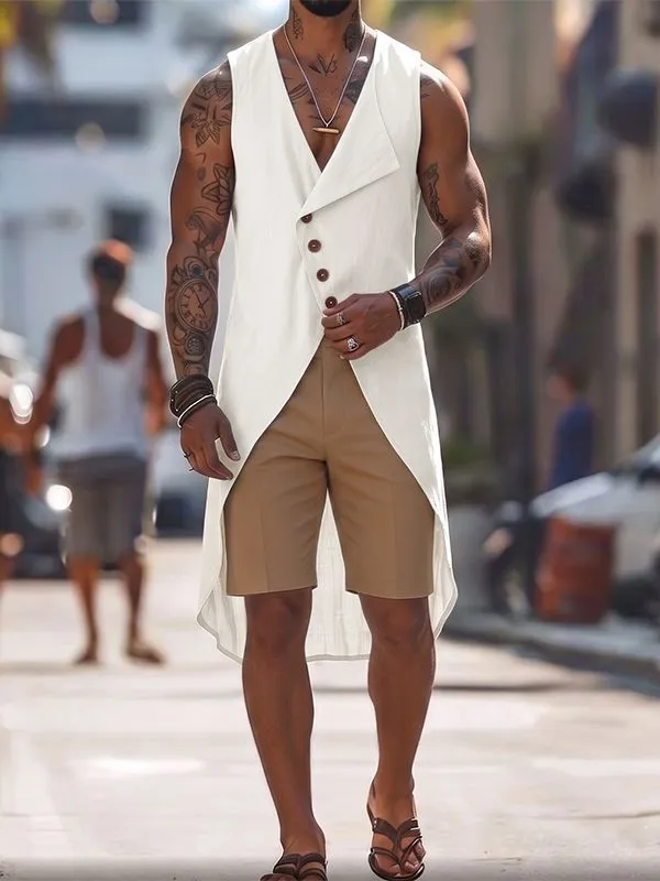 Men's Bohemian Linen Texture Asymmetrical High-Low Hem Tank SKUL75707 sold by Incerunmen product image thumbnail 2