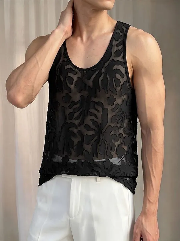 Men's Avant-Garde Semi-Sheer Burnout Botanical Pattern Tank SKUL76465 made by Incerunmen