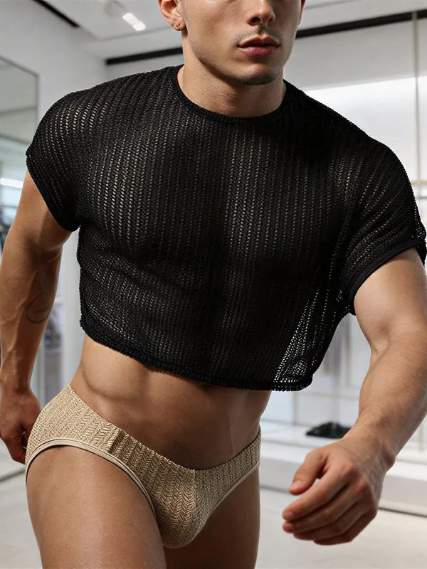 Men's Clubwear Sheer Chevron Mesh Ultra-Cropped T-shirt SKUL68393 made by Incerunmen