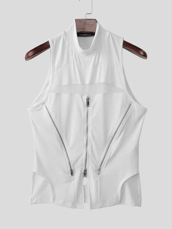 Men's Y2K Cyber-Avant Mesh Cutout Multi-Zipper Mock Neck Fitted Tank SKUL64188 sold by Incerunmen product image thumbnail 3