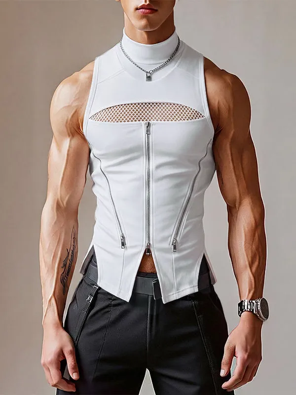 Men's Y2K Cyber-Avant Mesh Cutout Multi-Zipper Mock Neck Fitted Tank SKUL64188 sold by Incerunmen product image thumbnail 2