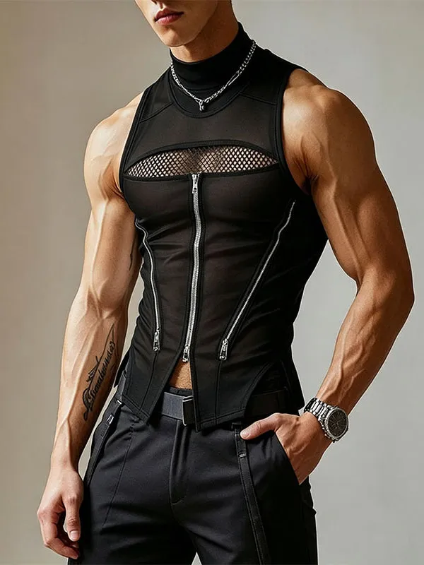 Men's Y2K Cyber-Avant Mesh Cutout Multi-Zipper Mock Neck Fitted Tank SKUL64188 made by Incerunmen