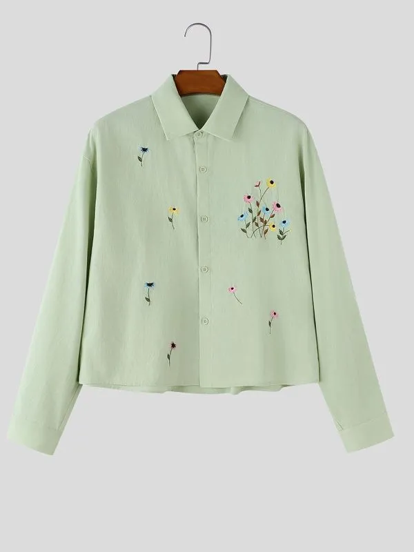 Men's Romantic Avant-Garde Floral Embroidered Boxy Cropped Long Sleeve Shirt SKUL78989 sold by Incerunmen product image thumbnail 4