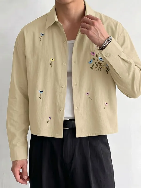 Men's Romantic Avant-Garde Floral Embroidered Boxy Cropped Long Sleeve Shirt SKUL78989 sold by Incerunmen product image thumbnail 2