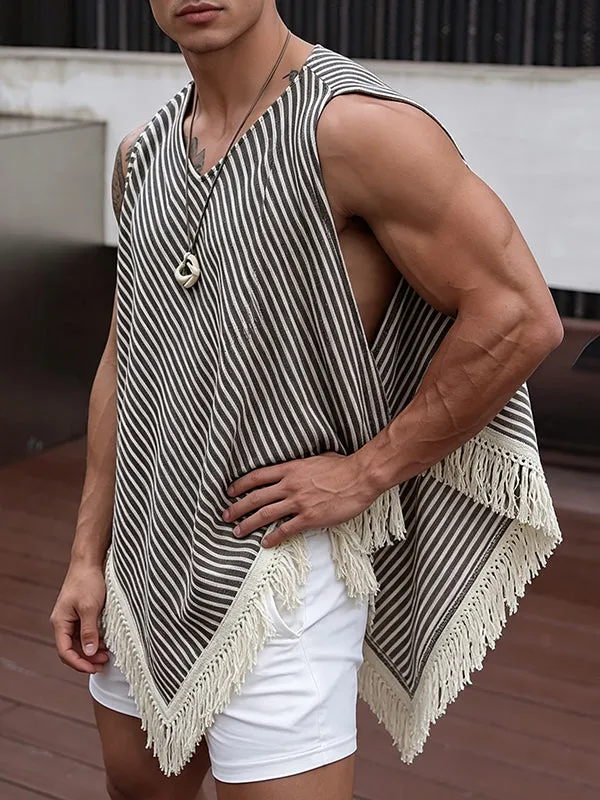 Men's Avant-Garde Party Raw Fringed Diagonal Stripe Oversized Sleeveless V-Neck Tank SKUL81030 made by Incerunmen