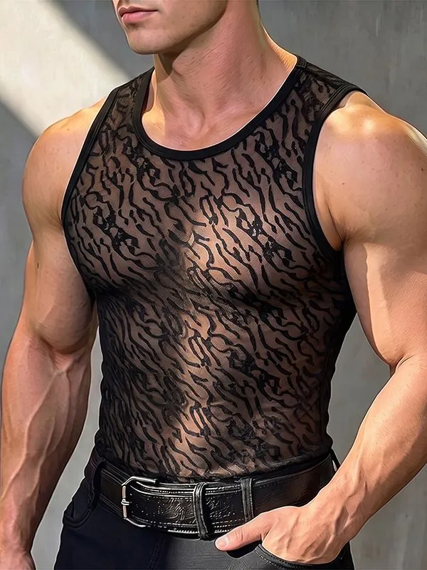 Men's Sexy Clubwear Sheer Animal Jacquard Bound Trim Muscle Fit Sleeveless Round Neck Tank SKUL81886 made by Incerunmen