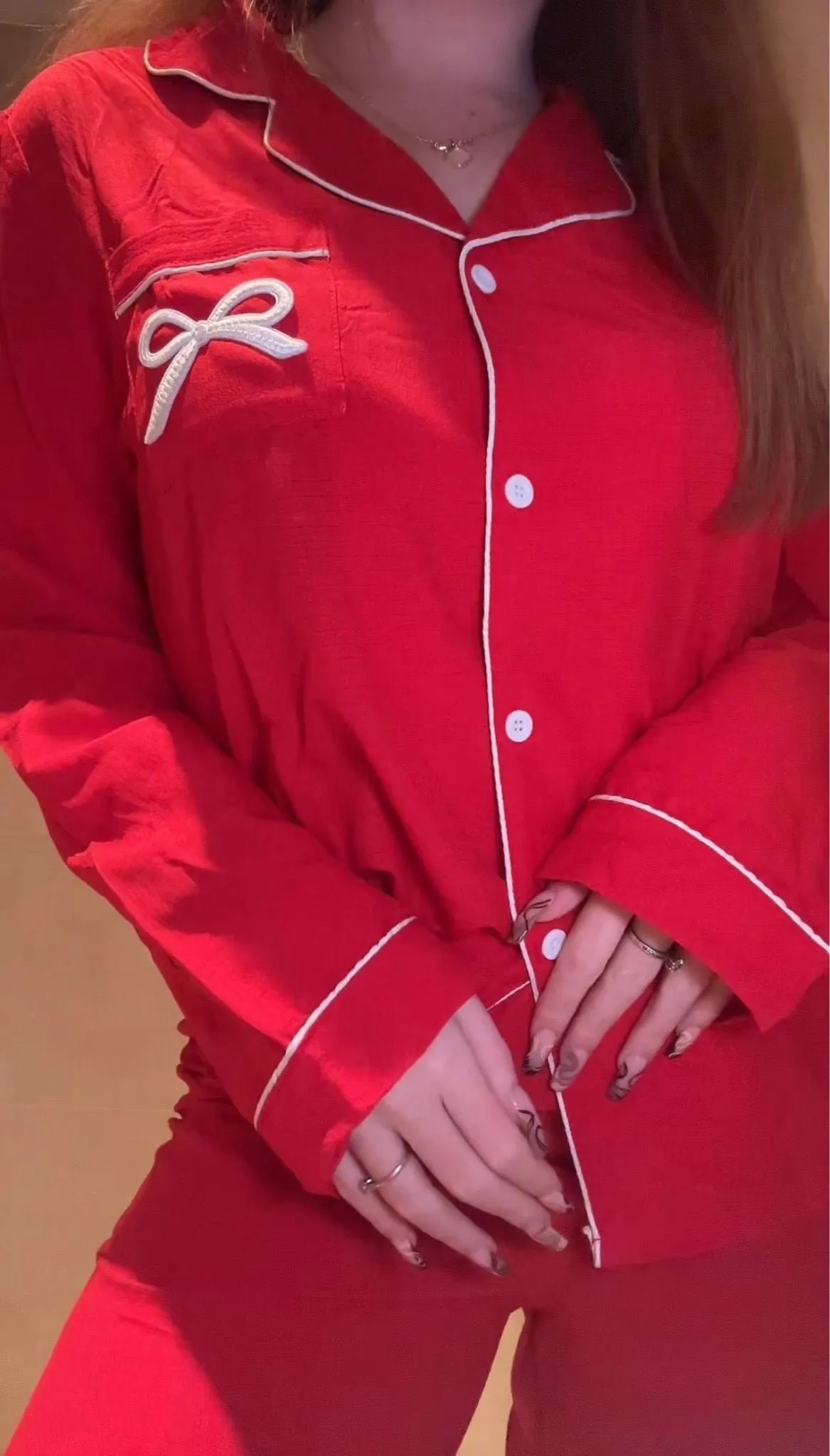 RED WHITE BOW CHRISTMAS PYJAMAS sold by Katie Jade Boutique