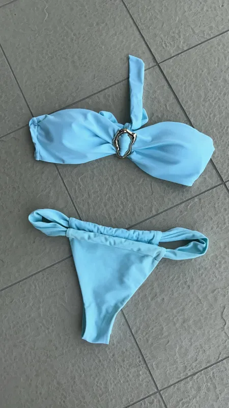 BLUE STRAPLESS BANDEAU GOLD BUCKLE BIKINI SET made by Katie Jade Boutique