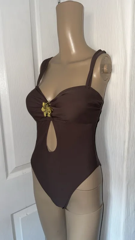 COFFEE BROWN GOLD BUCKLE CUT OUT SWIMSUIT made by Katie Jade Boutique