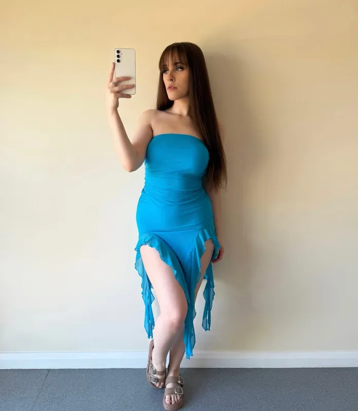 BLUE STRAPLESS SPLIT HEM RUFFLE DRESS made by Katie Jade Boutique