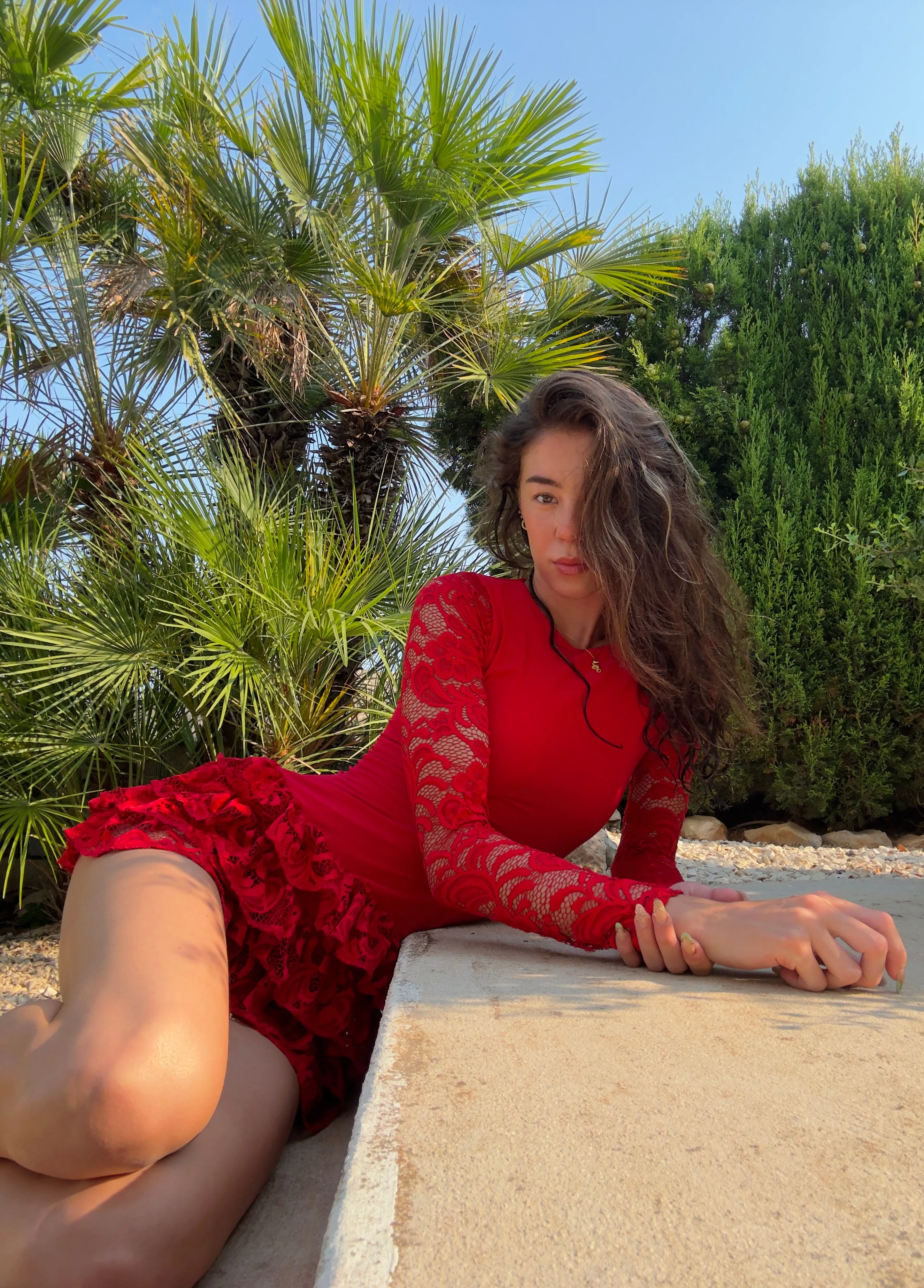 RED SLINKY LONG LACE SLEEVE FRILL DRESS sold by Katie Jade Boutique product image thumbnail 2