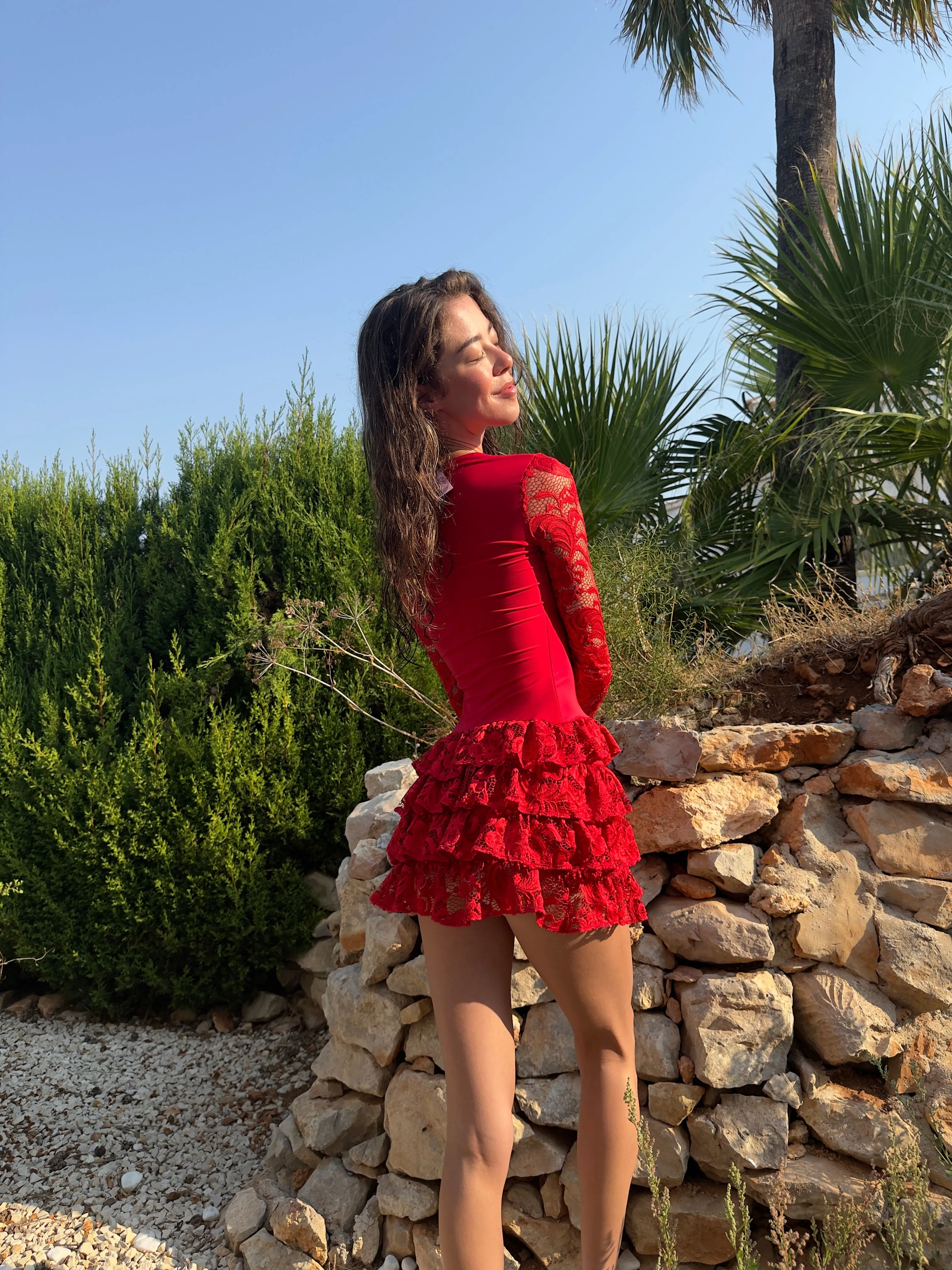 RED SLINKY LONG LACE SLEEVE FRILL DRESS sold by Katie Jade Boutique product image thumbnail 3
