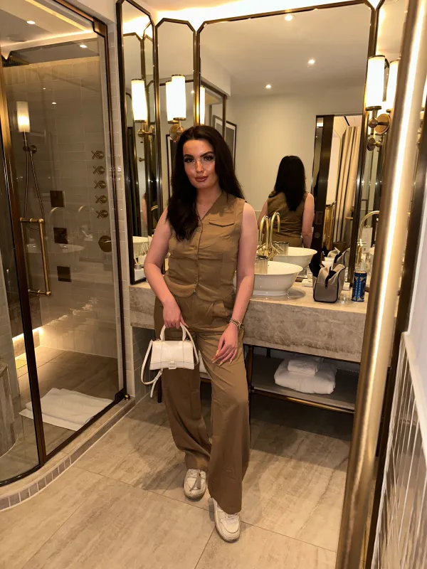 CAMEL V NECK TAILORED WAISTCOAT made by Katie Jade Boutique