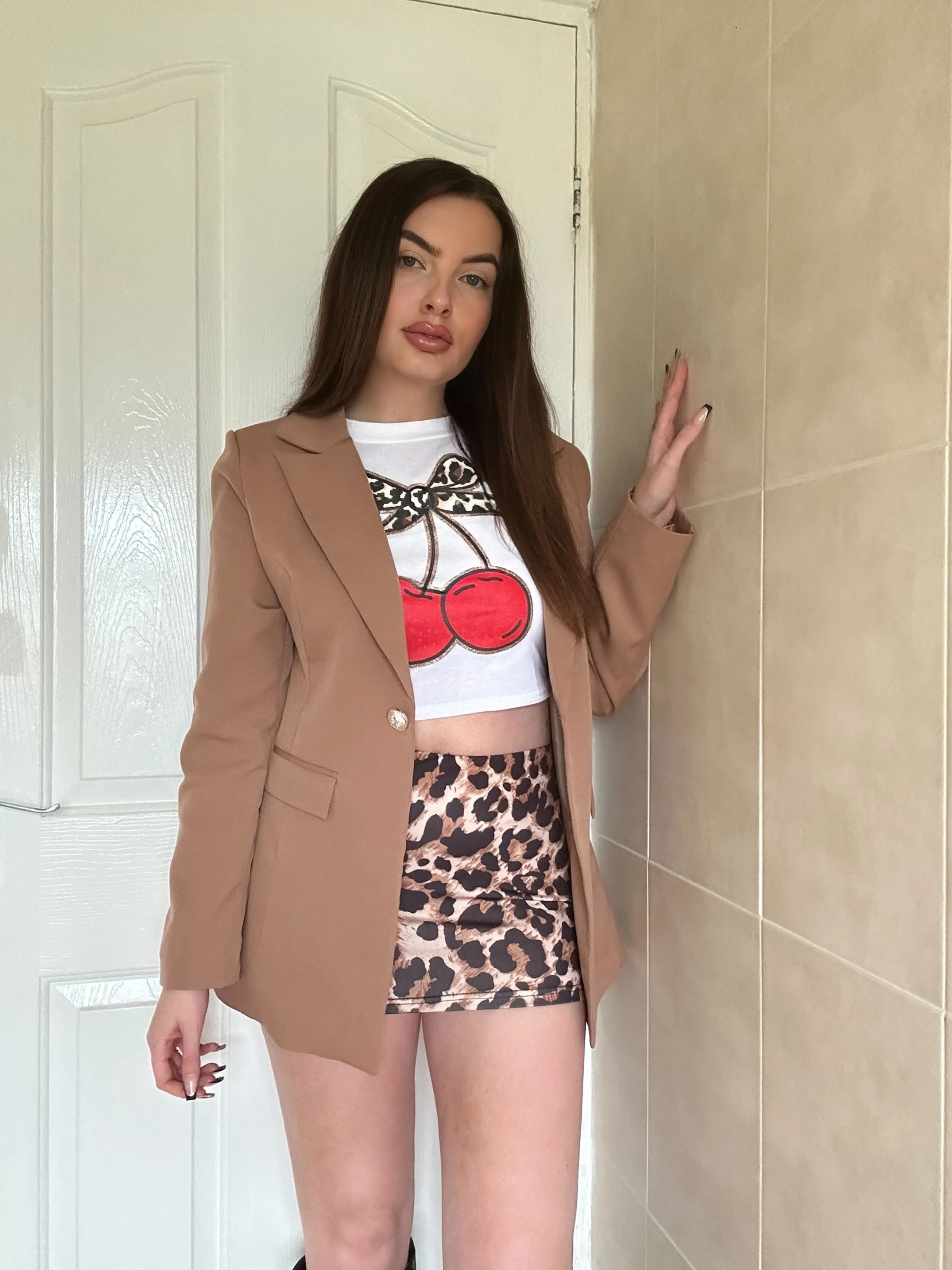 ESPRESSO BEIGE GOLD BUTTON BLAZER sold by Katie Jade Boutique