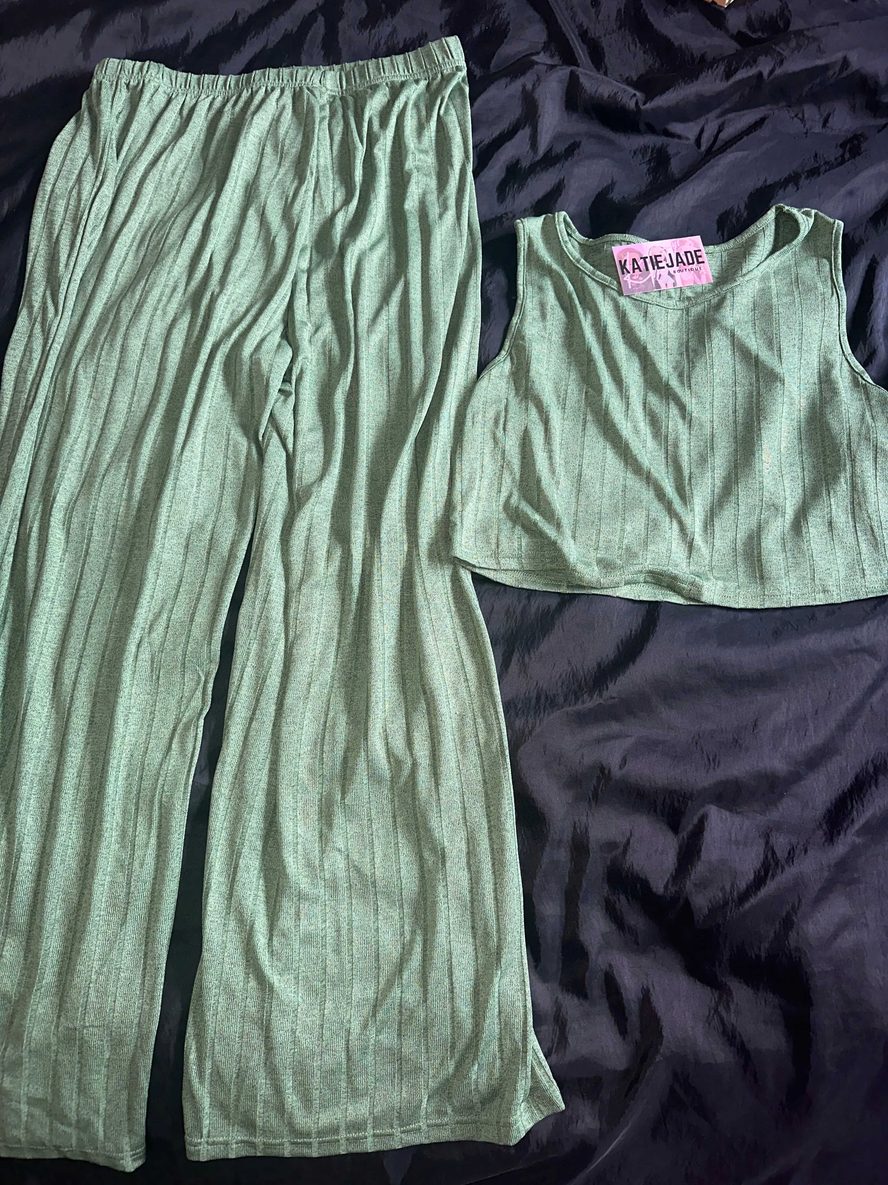 CURVE GREEN RIBBED CROP TOP TROUSER SET sold by Katie Jade Boutique