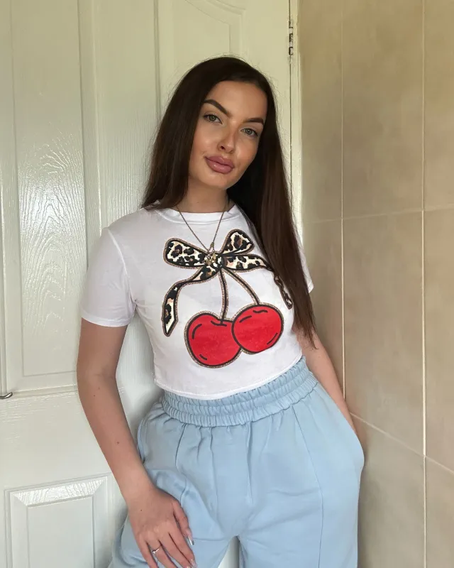 LEOPARD BOW CHERRY GRAPHIC CROP TOP sold by Katie Jade Boutique