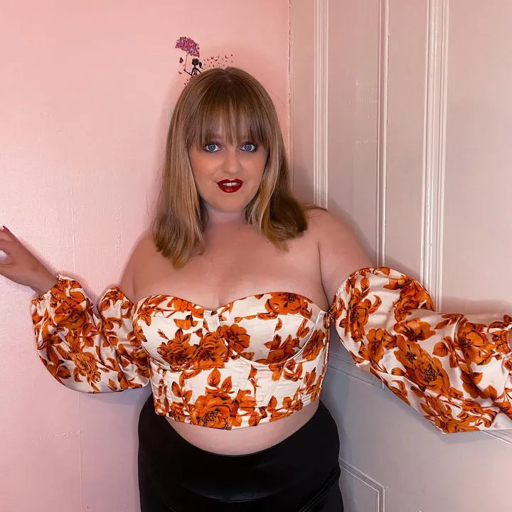 ORANGE FLORAL LANTERN SLEEVE CROP TOP sold by Katie Jade Boutique