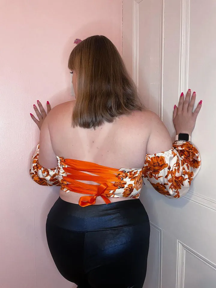 ORANGE FLORAL LANTERN SLEEVE CROP TOP sold by Katie Jade Boutique product image thumbnail 3