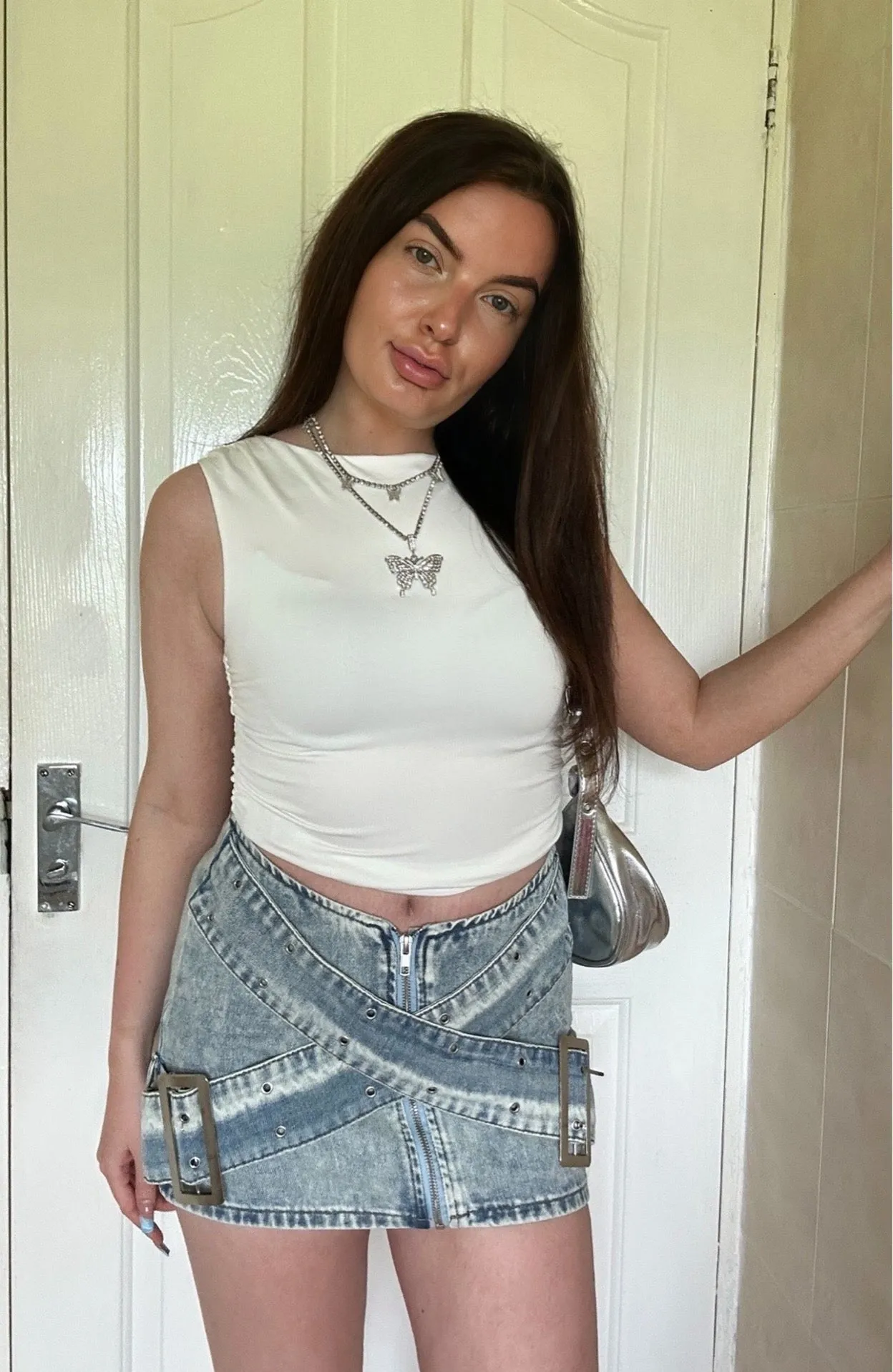 WHITE ROUND NECK RUCHED SLINKY CAMISOLE TOP sold by Katie Jade Boutique product image thumbnail 2