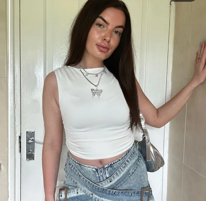 WHITE ROUND NECK RUCHED SLINKY CAMISOLE TOP made by Katie Jade Boutique