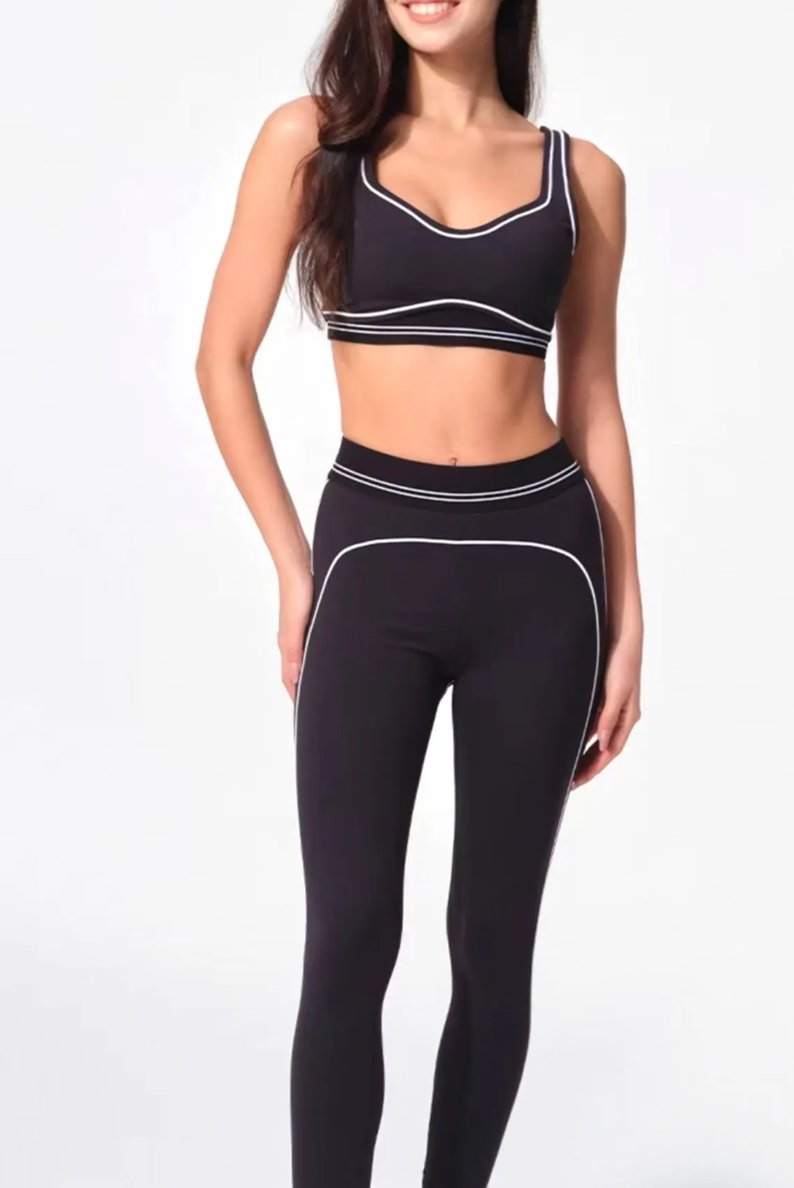 PRE ORDER BLACK WHITE CONTRAST STRIPE GYM CROP TOP LEGGINGS SET sold by Katie Jade Boutique