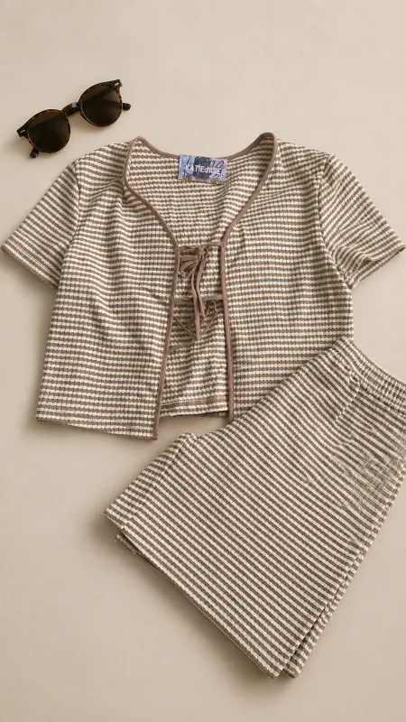 BEIGE STRIPED TIE UP TOP & TROUSERS made by Katie Jade Boutique