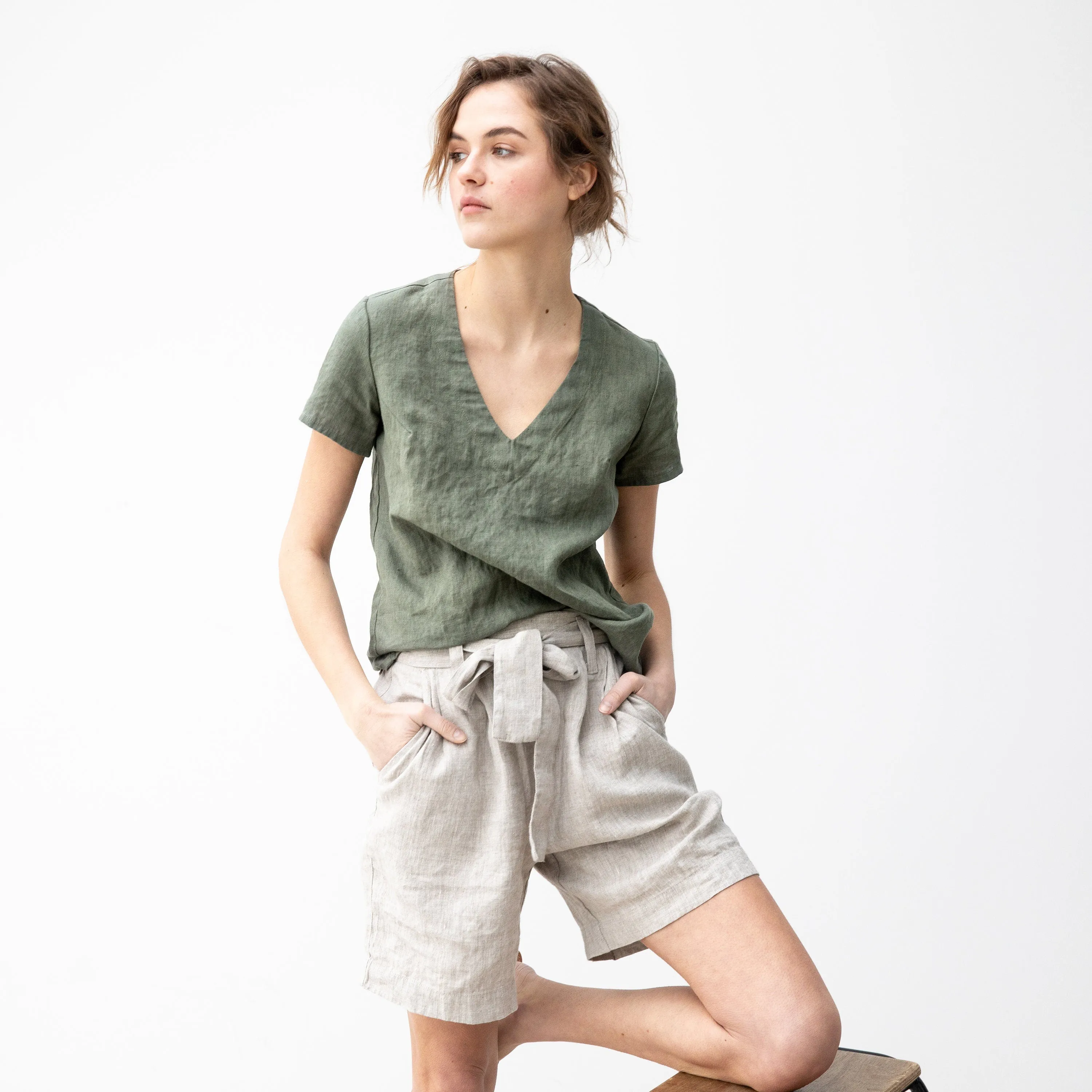 R: ANTIBES pleated linen shorts (Color: Emerald Green; Size: XS) sold by Not Perfect Linen product image thumbnail 3