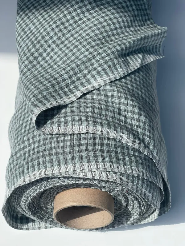 [sold out] Prewashed medium-weight linen fabric [Aqua/Grey Gingham] sold by Not Perfect Linen