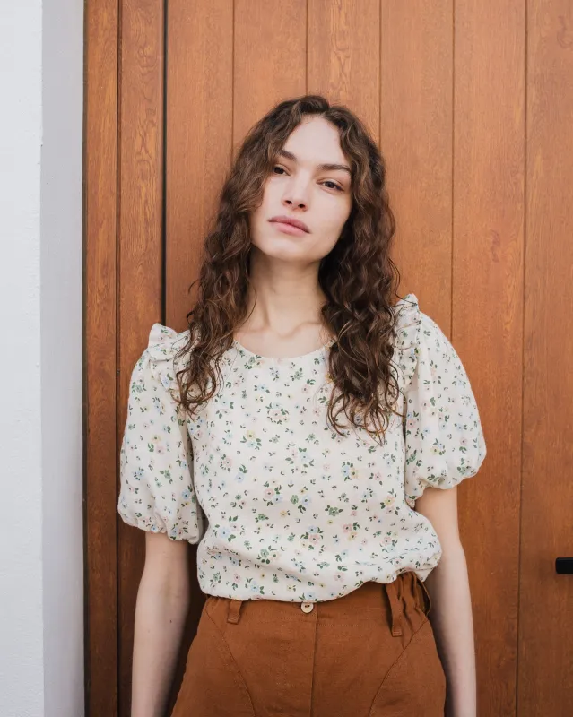 R: AROSA ruffle linen top (Color: Dusty Lavender; Size: XS) sold by Not Perfect Linen