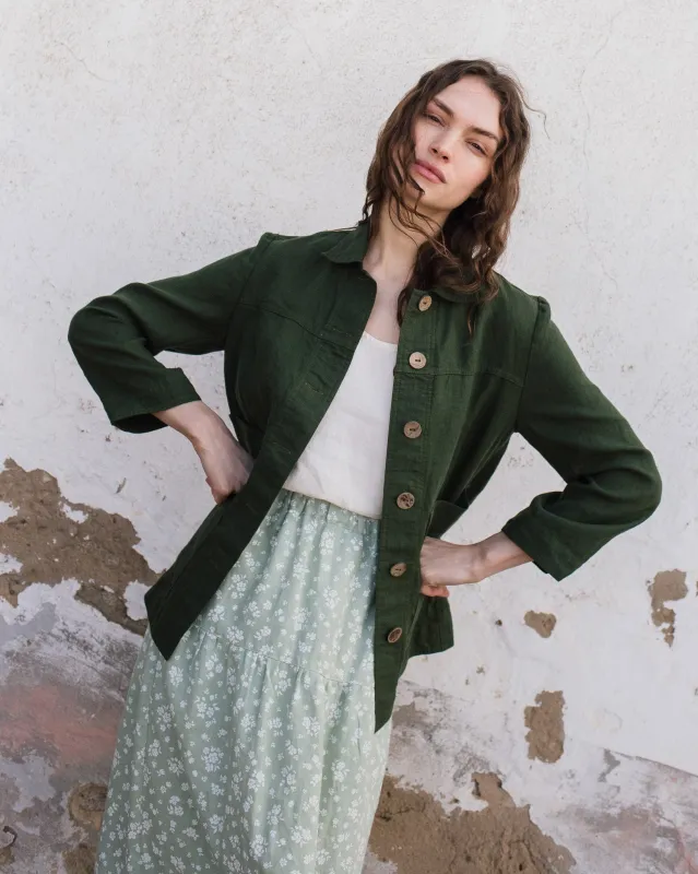 R: HELSINKI button down linen jacket (Color: Loden Green; Size: XS) sold by Not Perfect Linen