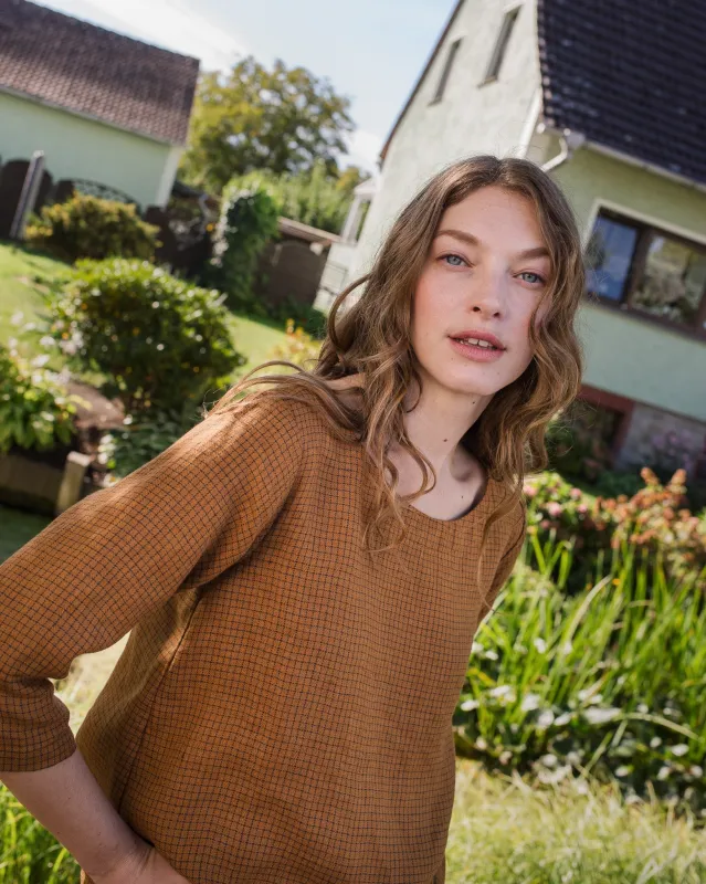 R: JANUARY loose linen top (Color: Mustard Checks; Size: XS) sold by Not Perfect Linen
