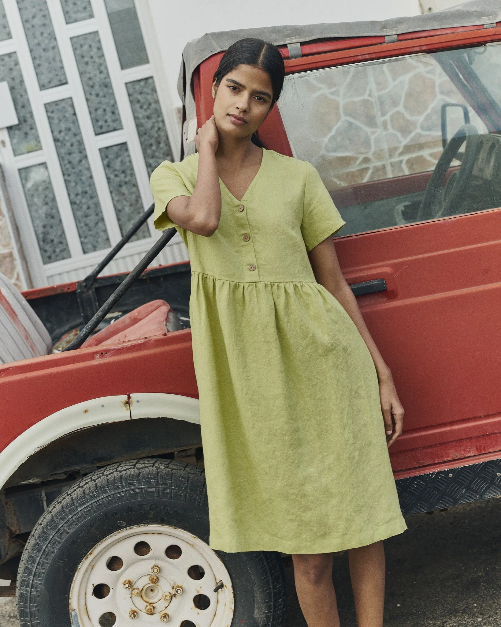 R: SYMI V-neck linen dress (Color: Pistachio Mist; Size: XS - MIDI length) sold by Not Perfect Linen product image thumbnail 4