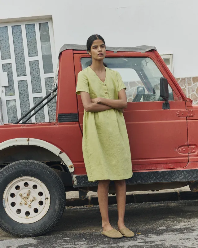 R: SYMI V-neck linen dress (Color: Pistachio Mist; Size: XS - MIDI length) made by Not Perfect Linen