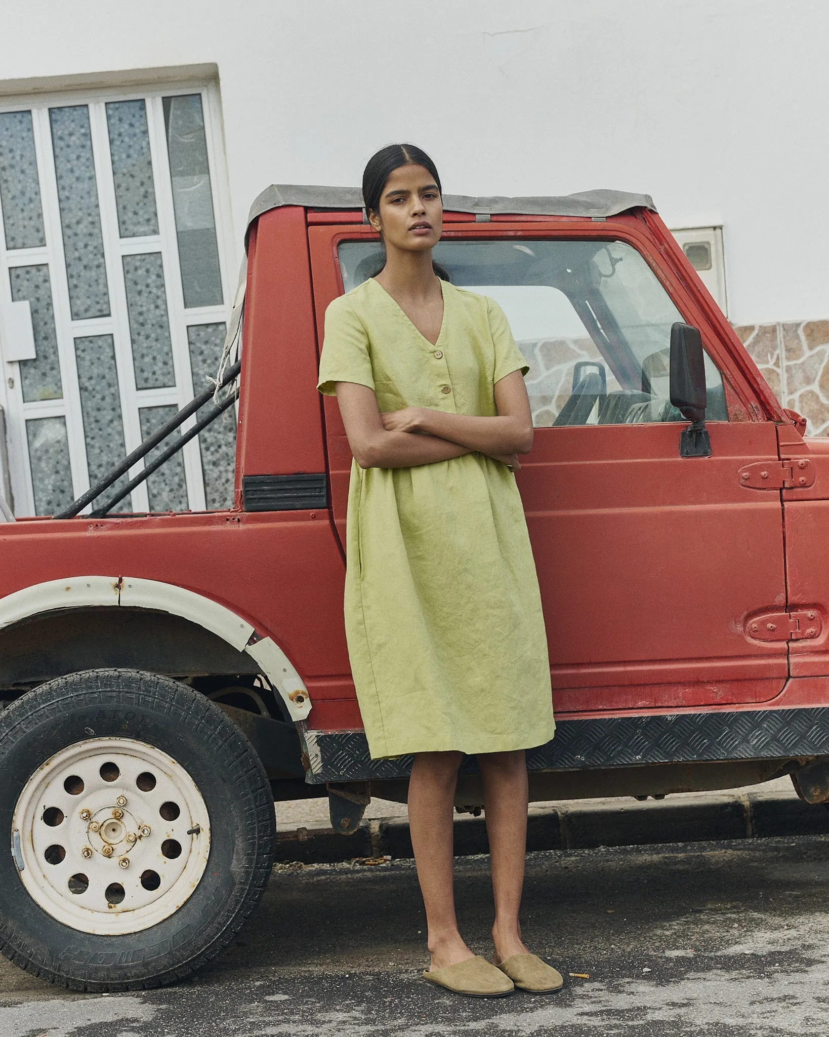 R: SYMI V-neck linen dress (Color: Pistachio Mist; Size: XS - MIDI length) sold by Not Perfect Linen