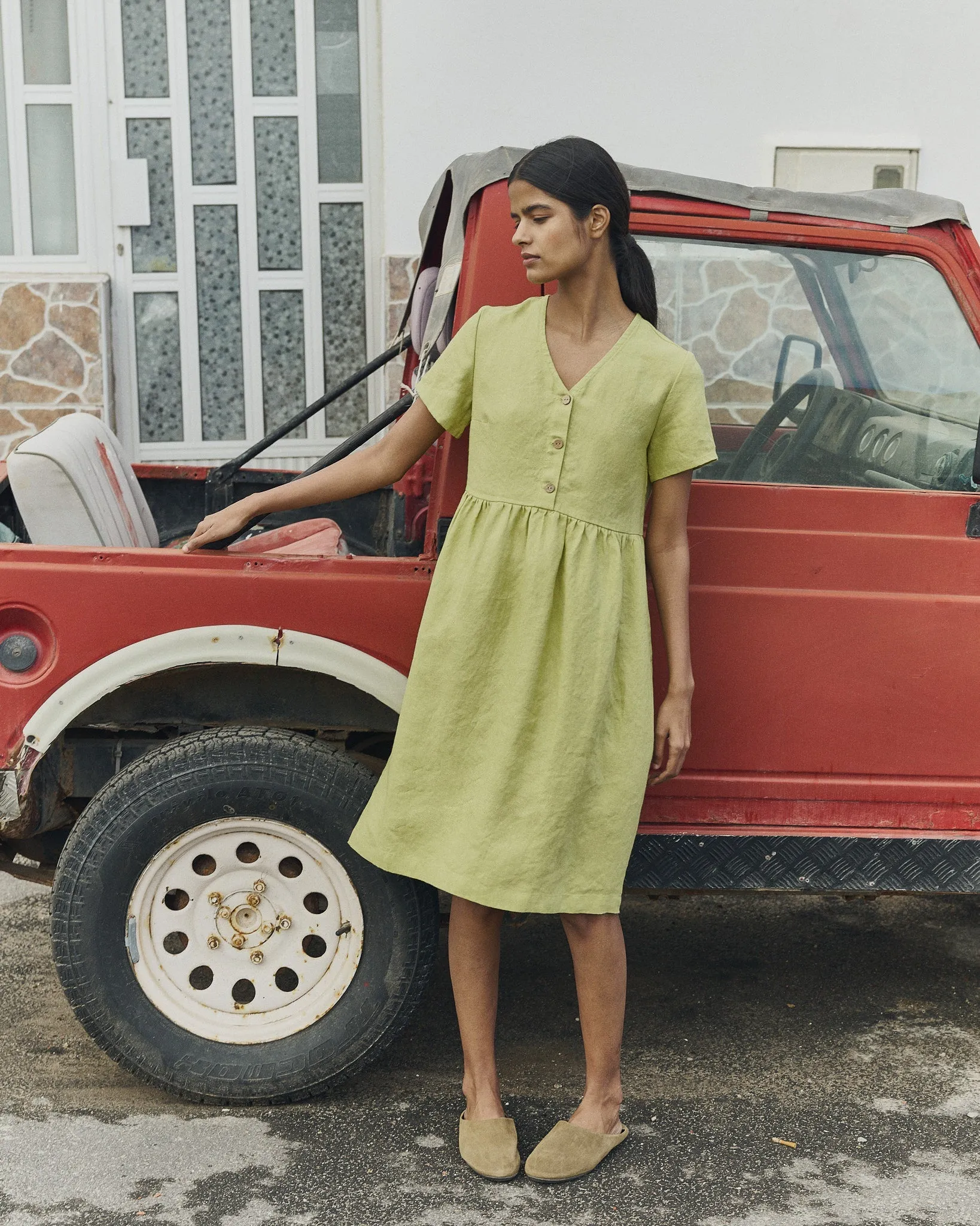 R: SYMI V-neck linen dress (Color: Pistachio Mist; Size: XS - MIDI length) sold by Not Perfect Linen product image thumbnail 3