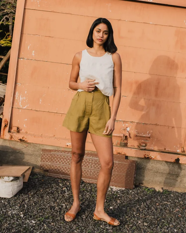R: SOLLER linen shorts (Color: Loden Green; Size: XS) made by Not Perfect Linen