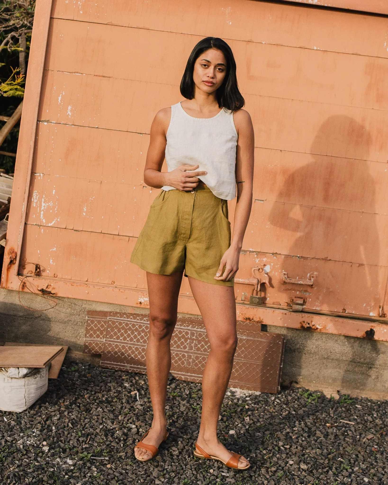 R: SOLLER linen shorts (Color: Loden Green; Size: XS) sold by Not Perfect Linen
