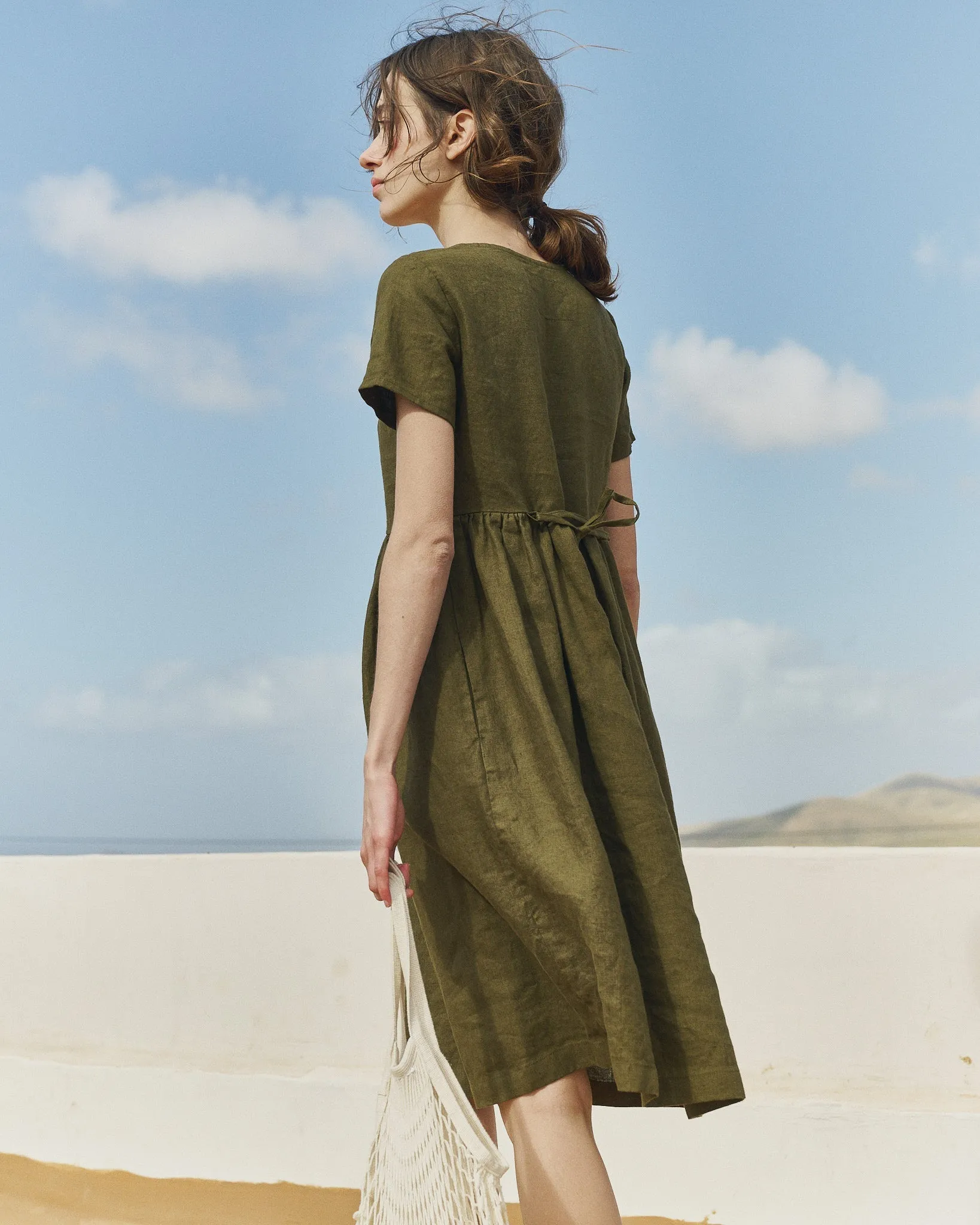 R: Midi ODESA gathered linen dress (Color: Loden Green; Size: XS) sold by Not Perfect Linen product image thumbnail 4