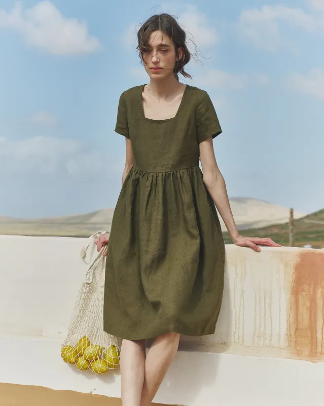 R: Midi ODESA gathered linen dress (Color: Loden Green; Size: XS) made by Not Perfect Linen