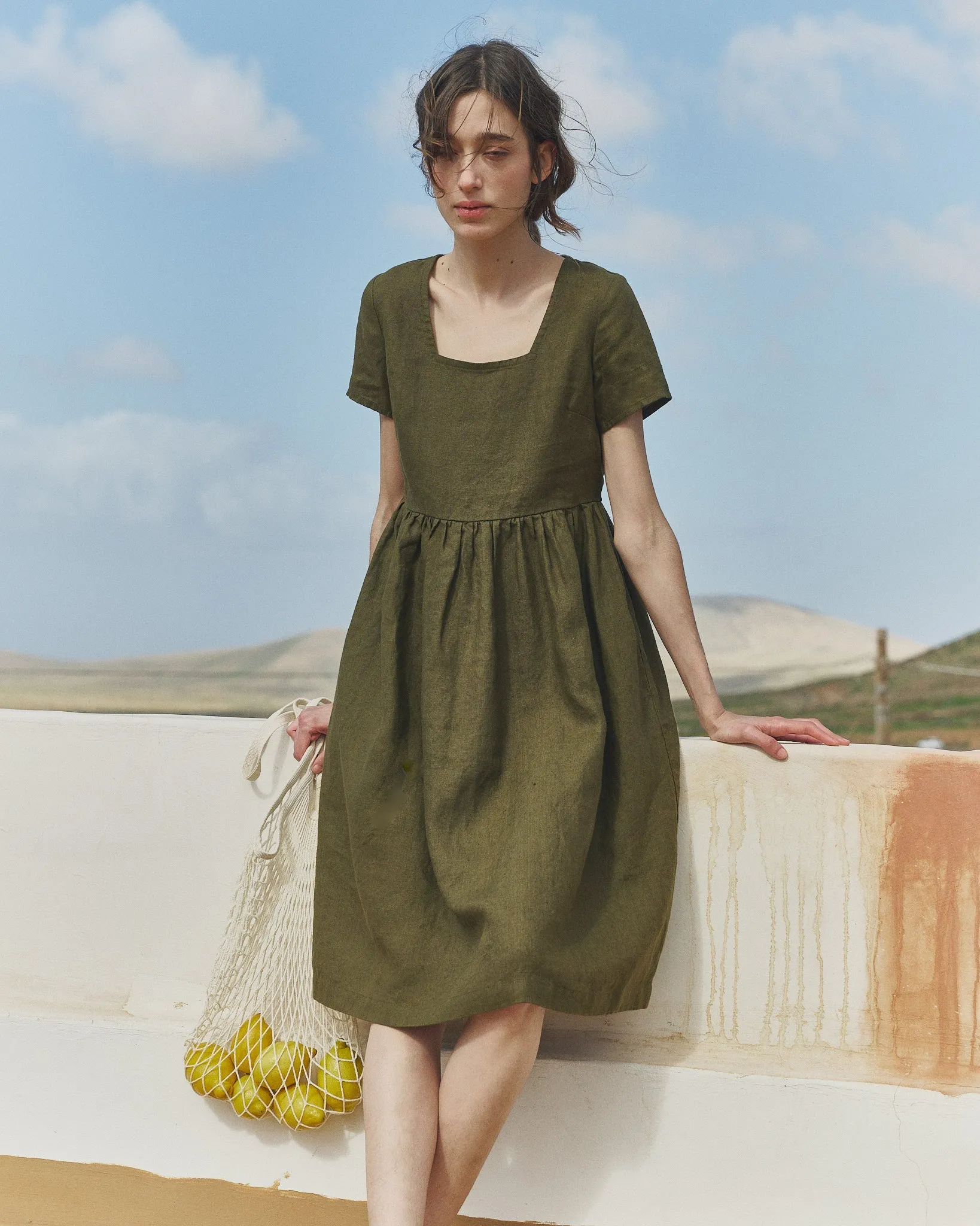 R: Midi ODESA gathered linen dress (Color: Loden Green; Size: XS) sold by Not Perfect Linen
