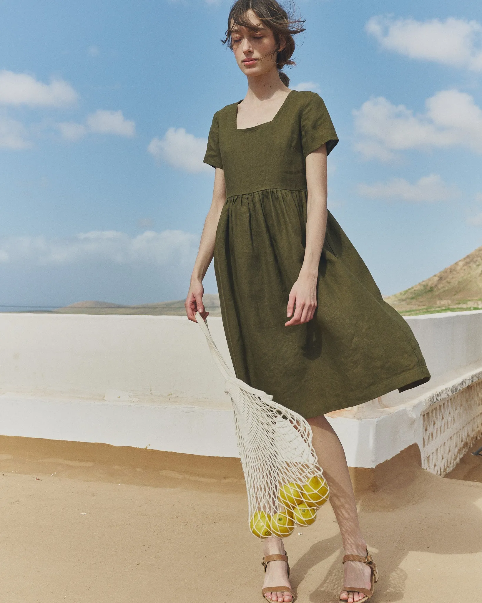 R: Midi ODESA gathered linen dress (Color: Loden Green; Size: XS) sold by Not Perfect Linen product image thumbnail 2