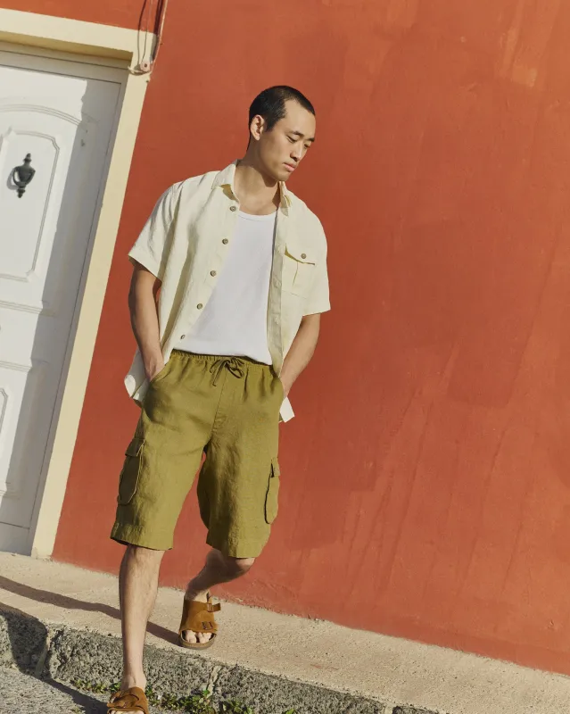R: Men’s cargo linen shorts MACKAY (Color: Olive; Size: S) made by Not Perfect Linen