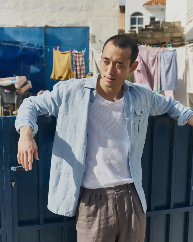R: Men’s long sleeve linen shirt MONTREAL (Color: Blue July; Size: S) made by Not Perfect Linen