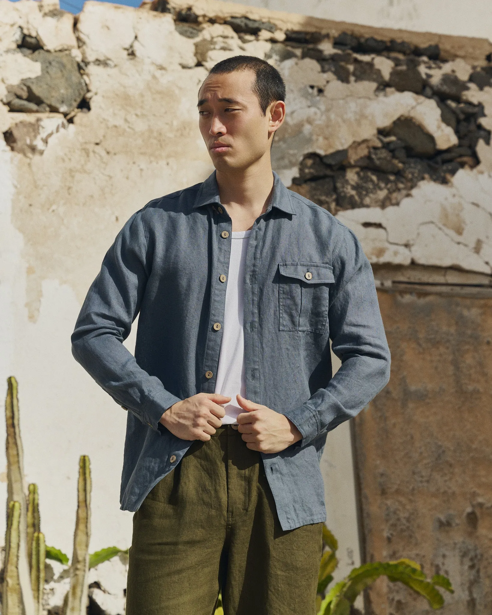 R: Men’s long sleeve linen shirt MONTREAL (Color: Loden Green; Size: S) sold by Not Perfect Linen product image thumbnail 3