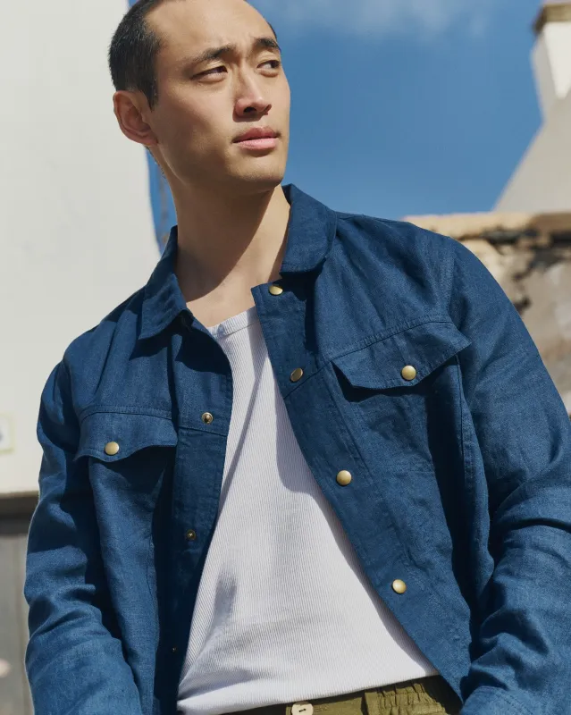 R: Men’s linen jacket HALDEN (Color: Admiral Blue; Size: S) made by Not Perfect Linen