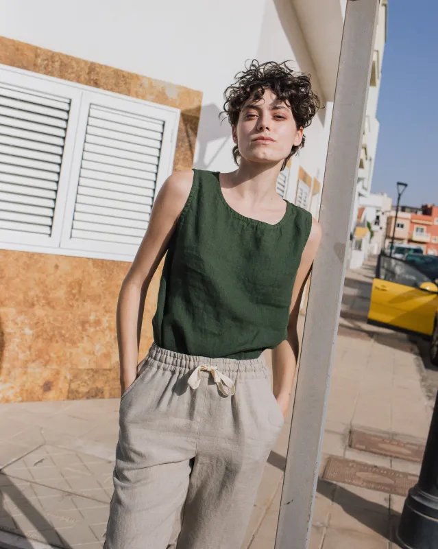R: ATHENS drawstring linen pants (Color: Admiral Blue; Size: XS) made by Not Perfect Linen