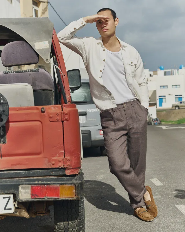 R: Men’s linen pants ALBURY (Color: Loden Green; Size: M) made by Not Perfect Linen